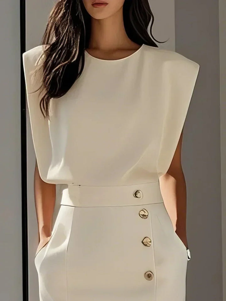 Hayden Marlene™ | Solid Midi Dress with Button Slit and Round Neckline