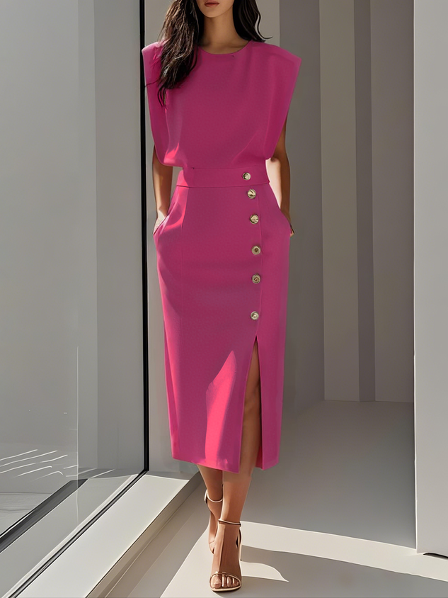 Hayden Marlene™ | Solid Midi Dress with Button Slit and Round Neckline