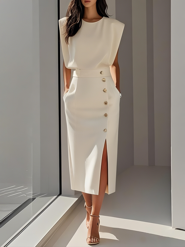 Hayden Marlene™ | Solid Midi Dress with Button Slit and Round Neckline