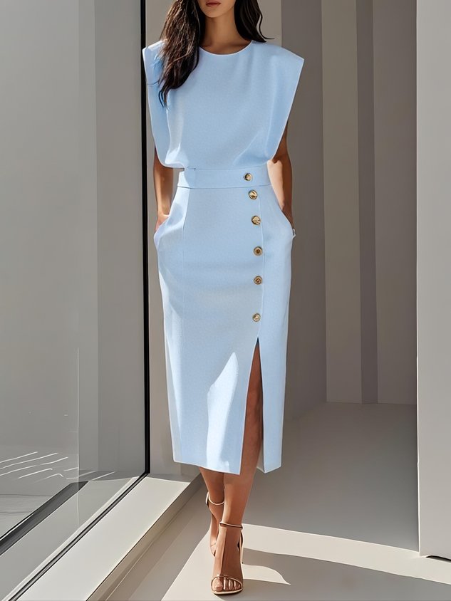 Hayden Marlene™ | Solid Midi Dress with Button Slit and Round Neckline