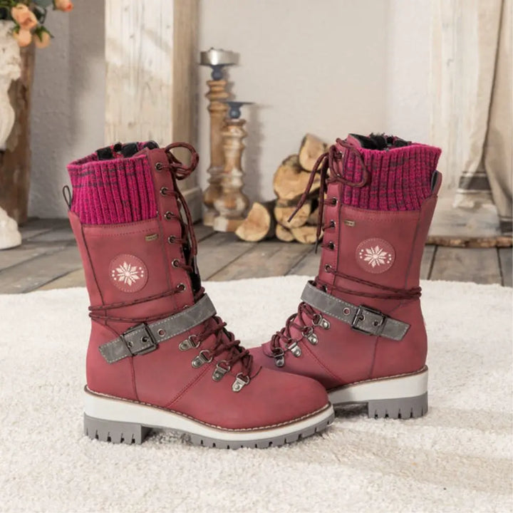 Women's Winter Lace-Up Snow Boots – Knit Cuff & Buckle – Anti-Slip Sole