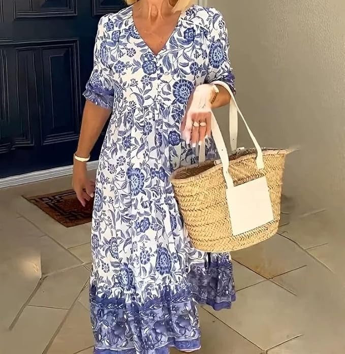 Mavis - Elegant V-Neck Boho Floral Long Dress