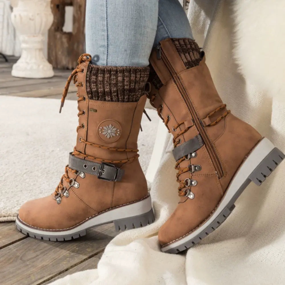 Women's Winter Lace-Up Snow Boots – Knit Cuff & Buckle – Anti-Slip Sole