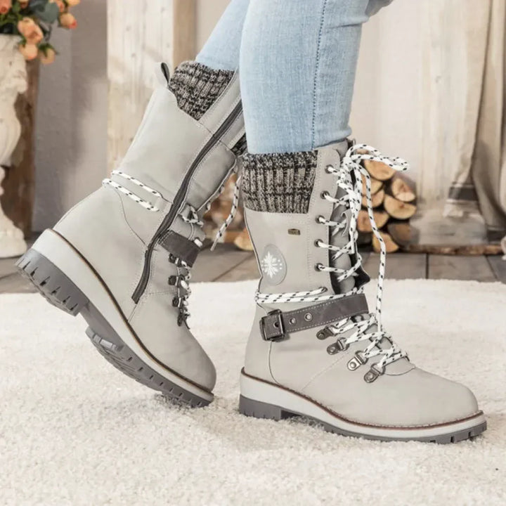 Women's Winter Lace-Up Snow Boots – Knit Cuff & Buckle – Anti-Slip Sole