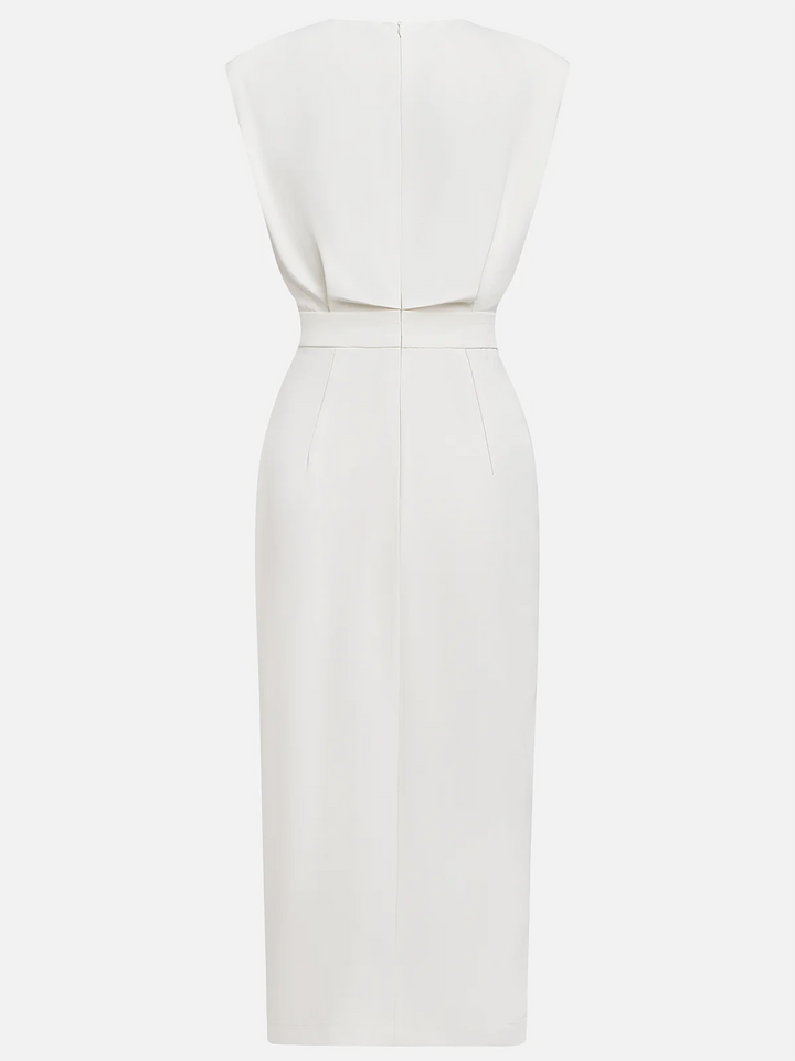 Hayden Marlene™ | Solid Midi Dress with Button Slit and Round Neckline