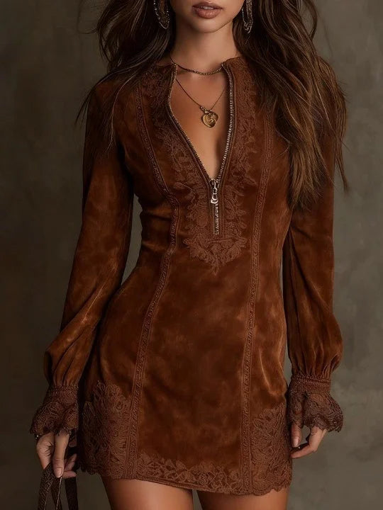 Aurora Suede Mini Dress with Lace