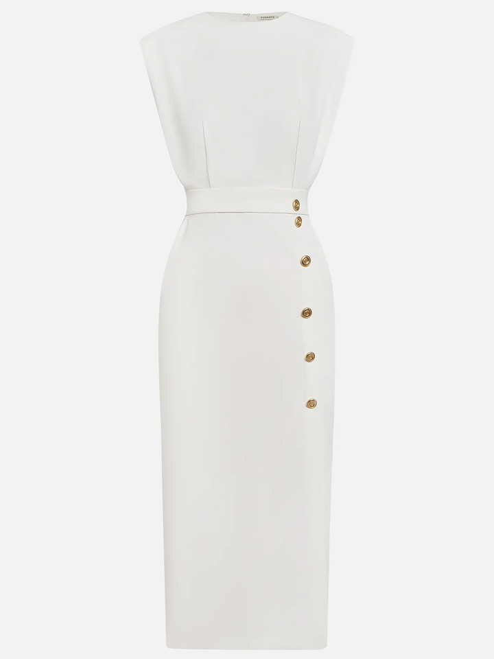 Hayden Marlene™ | Solid Midi Dress with Button Slit and Round Neckline